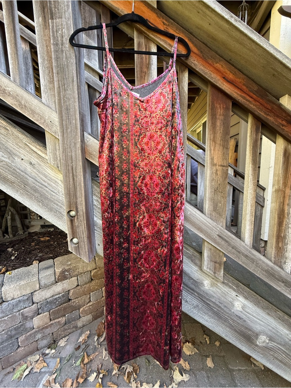 NATURAL LIFE Red Velvet Floral Paisley Maxi Slip Dress